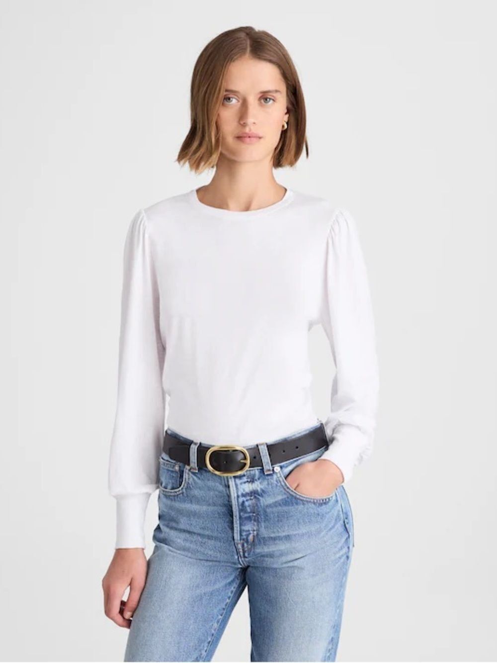 Madewell Medium Puff Long Sleeve Soft Slub White Top Crewneck Smocked Cuff NWT